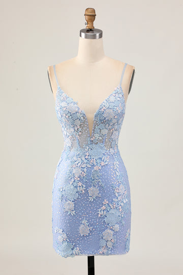Light Blue Bodycon Floral Sequins Homecoming Dress with Appliques